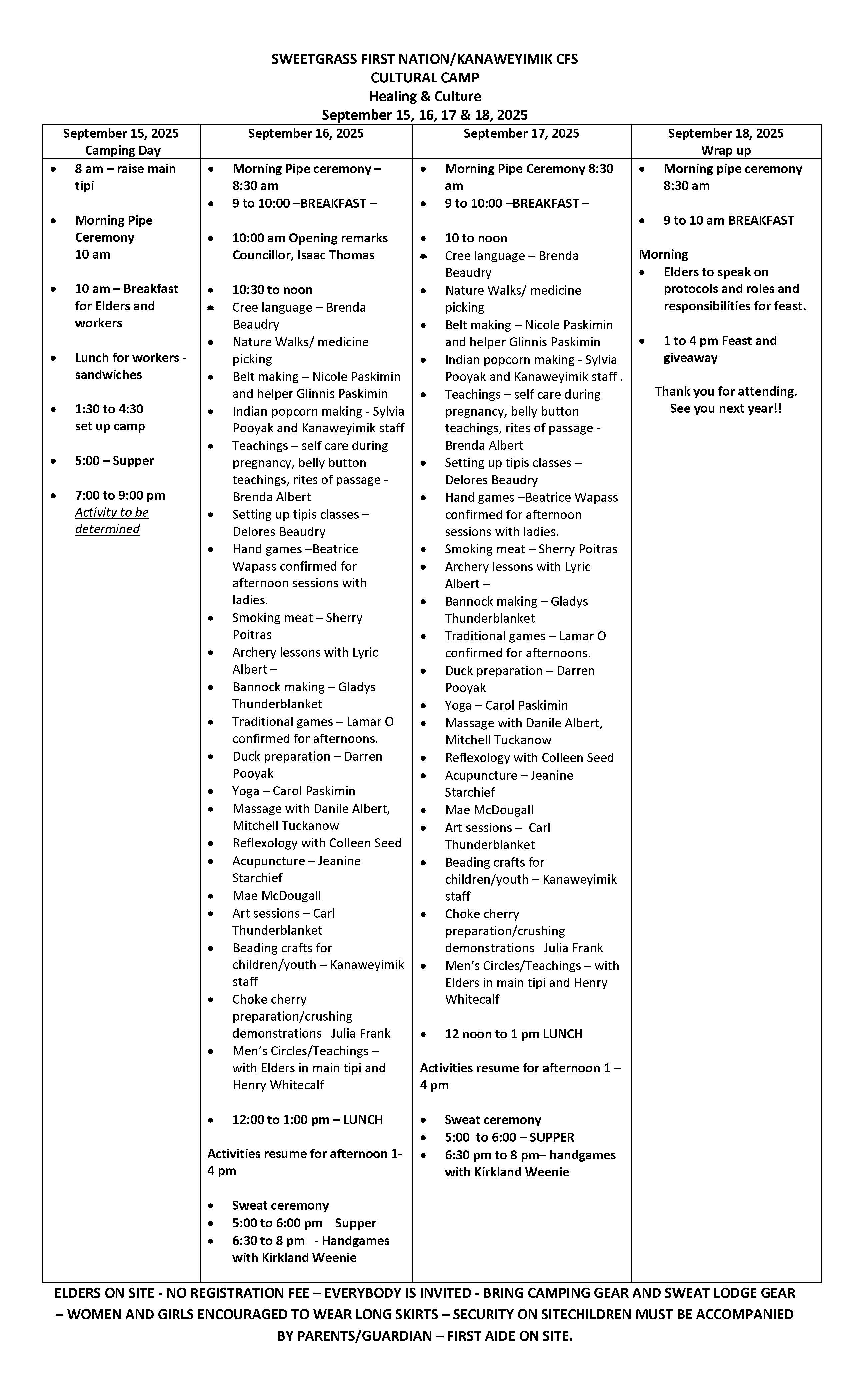 Kanaweyimik Cultural Camp Schedule of Events
